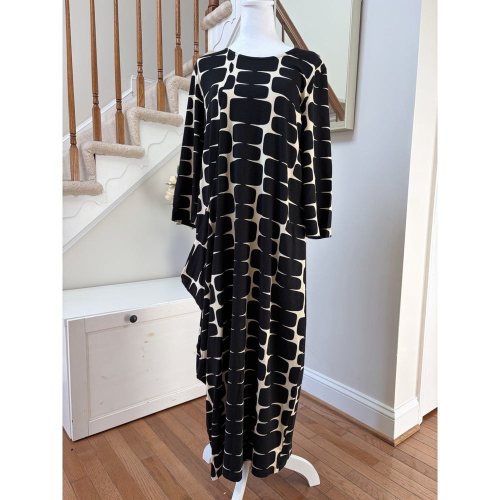Alembika Bali Draped Pocket Dress Size 4 US 12-14 Black Cream Lagenlook Midi